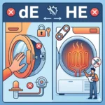 غسالة ملابس توضح مكونات مختلفة مثل الباب وخزان التسخين، مع شخصية تفحص الجهاز. ماذا تعني رموز الأعطال (مثل dE أو HE) التي تظهر على شاشة المجفف؟