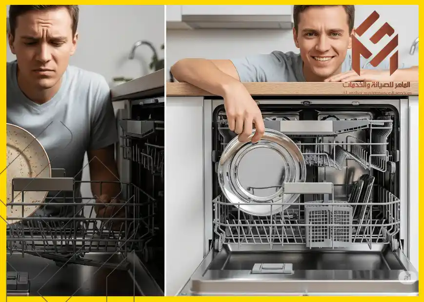 الشخص الأيسر يبدو محبطًا أثناء استخدام غسالة أطباق فارغة، بينما الشخص الأيمن مبتسم أثناء غسل الأطباق بالداخل. شعار وطابع إعلاني في الأعلى.نصائح لإصلاح جهاز غسالة الصحون ما تنظف زين