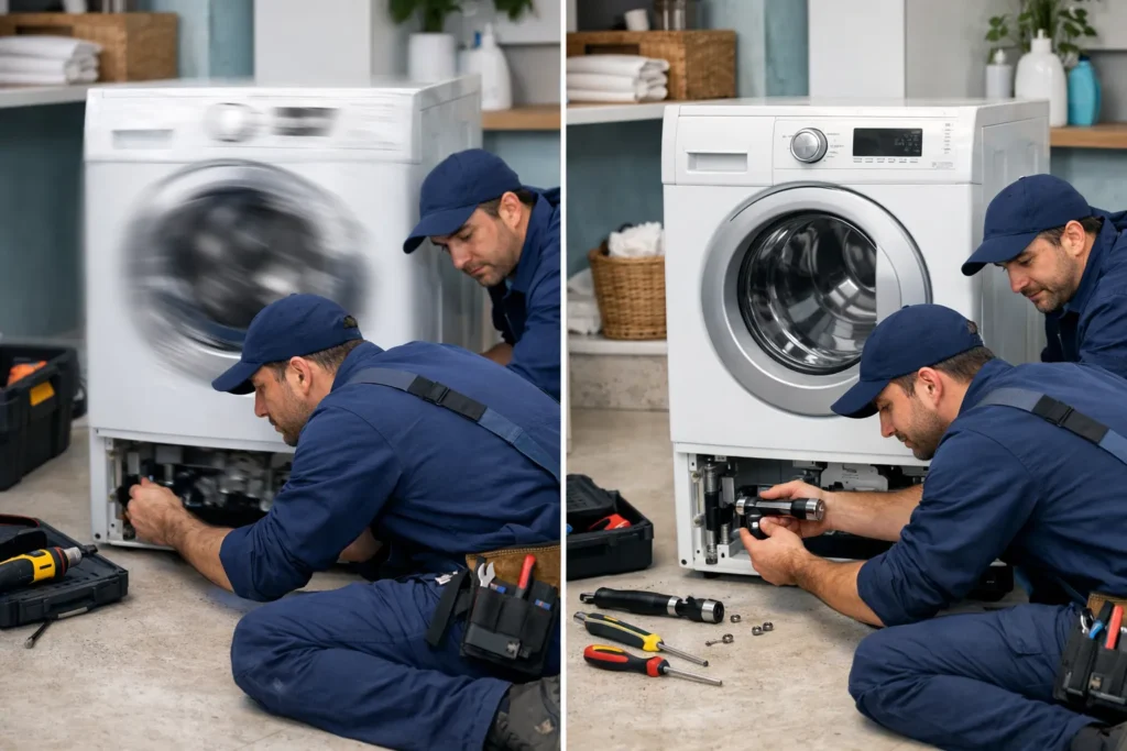 الخطوات الهندسية لتغيير مساعدات الغسالات الأتوماتيك في مكة مقارنة غسالة تهتز بشدة وأخرى تعمل بسلاسة بعد الإصلاح