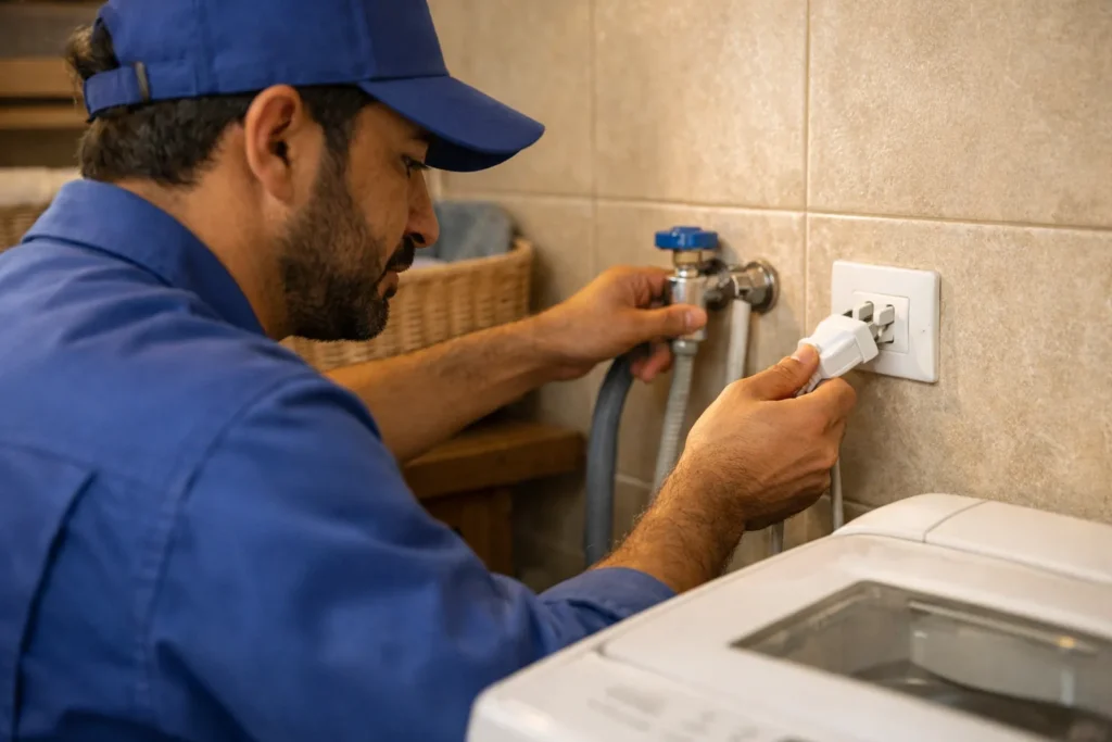 فني صيانة يقوم بتركيب وصلة كهربائية للغسالة في المطبخ، مع التركيز على الخطوات الهندسية لتغيير مساعدات الغسالات الأتوماتيك في مكة 