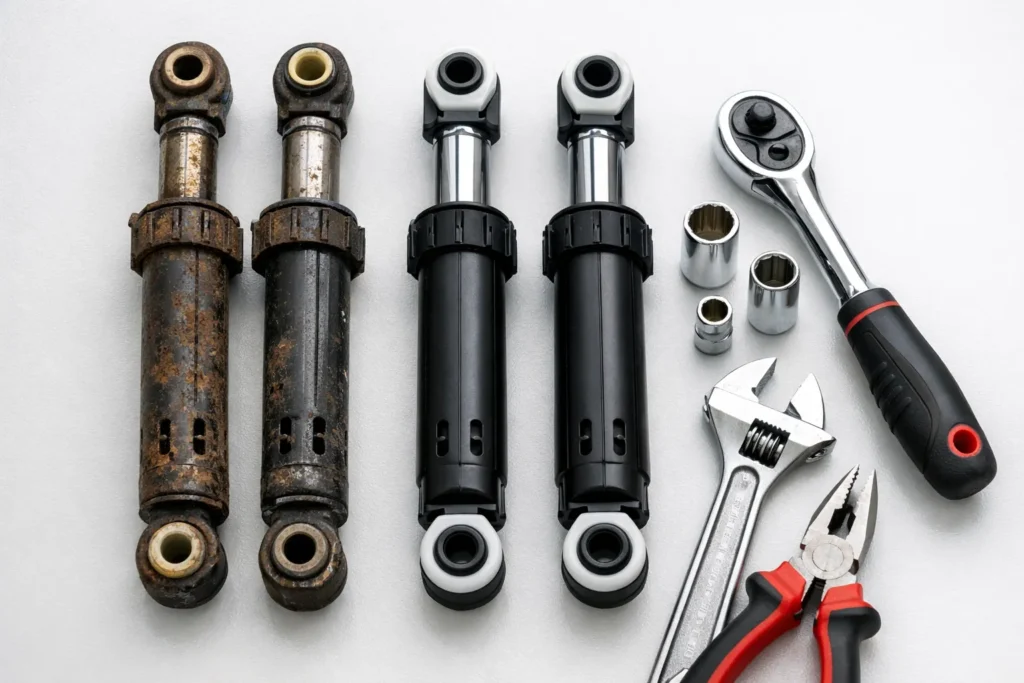 مجموعة من ممتصات الصدمات الجديدة والقديمة مع أدوات مثل مفتاح ربط ومجموعة من المفكات، موضوعة على خلفية بيضاء.الخطوات الهندسية لتغيير مساعدات الغسالات الأتوماتيك في مكة (3)