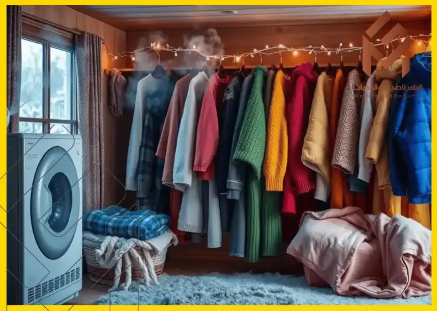ملابس ملون في خزينة بجانب مجفف ملابس يبين ان ارتداء ملابس ذات ألياف طبيعية لا تخزن الكهرباء