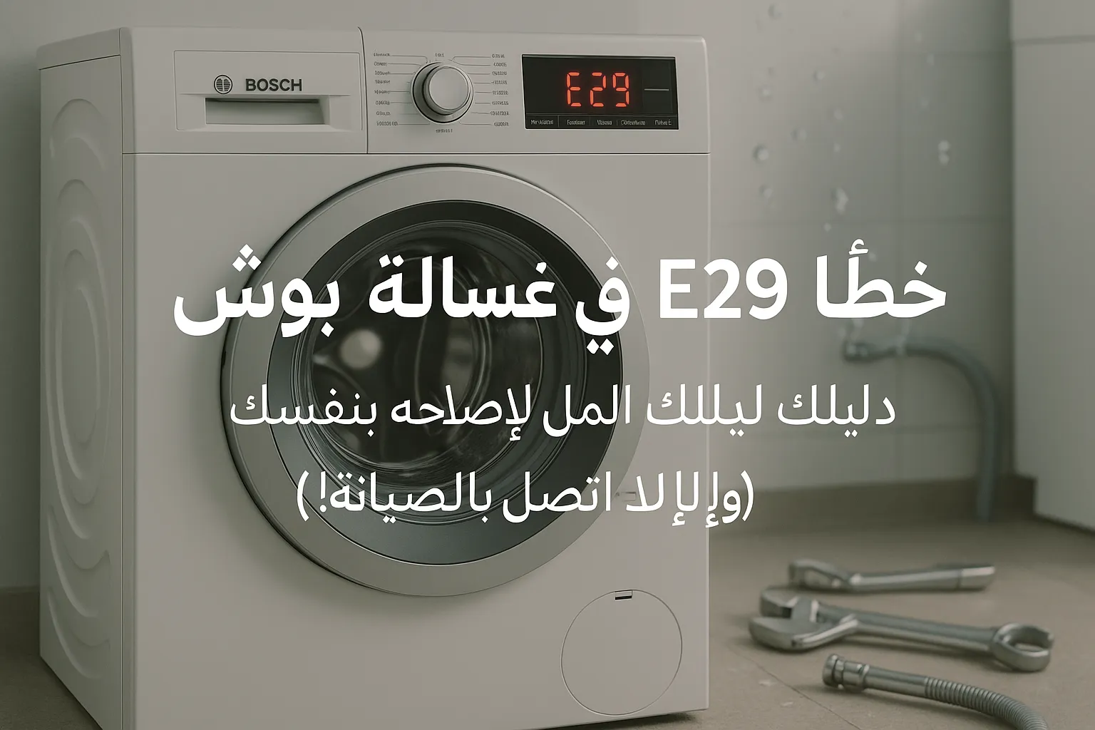 غسالة بوش بيضاء اللون تظهر عليها شاشة تعرض الرمز E29 مع نص إرشادي للإصلاح الذاتي أو الاتصال بالصيانة خطأ E29 في غسالة بوش: دليلك الشامل لإصلاحه بنفسك