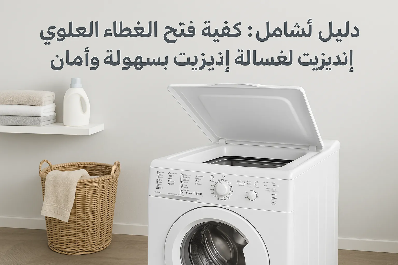 غسالة بيضاء ذات غطاء مفتوح مع سلة غسيل وحامل عليه مناشف وزجاجة مسحوق غسيل في غرفة غسيل، ونص عربي في الأعلى حول كيفية فتح الغطاء العلوي للغسالة بسهولة وأمان دليل شامل كيفية فتح الغطاء العلوي لغسالة إنديزيت بسهولة وأمان