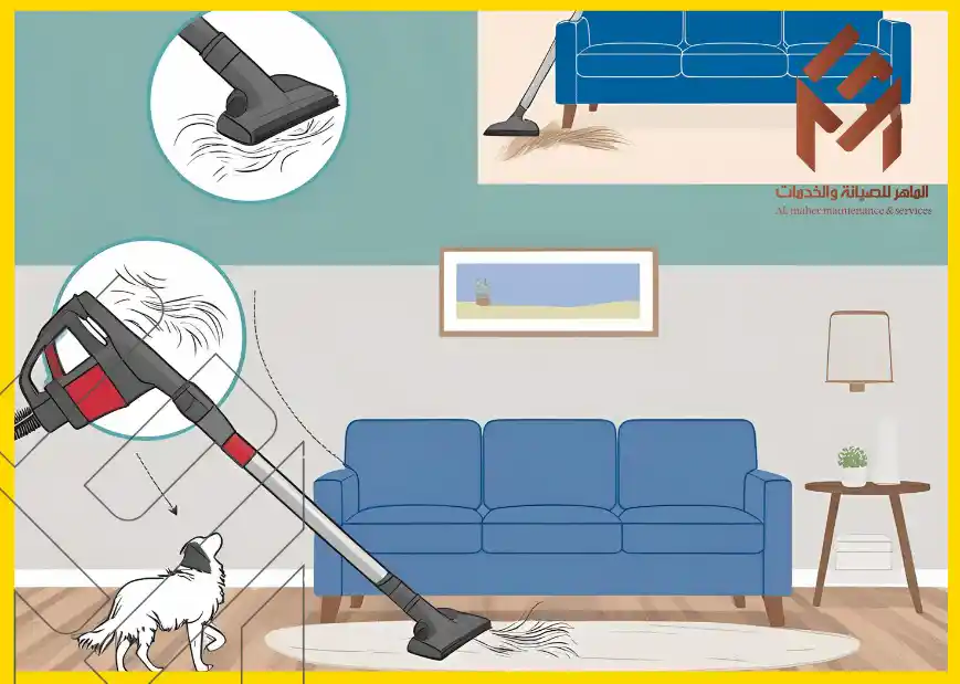 كيفية إزالة شعر الكلاب والقطط من الملابس والأثاث النسيجي رسم توضيحي لغرفة معيشة تحتوي على أريكة زرقاء ومصباح وطاولة جانبية، مع مكنسة كهربائية تستخدم لتنظيف شعر الحيونات الأليفة من السجادة. يظهر كلب في الصورة، ويوجد دوائر توضح شعر الحيوانات على الأرض والمكنسة الكهربائية في مواضع مختلفة. يوجد شعار للشركة في الزاوية العلوية اليمنى.