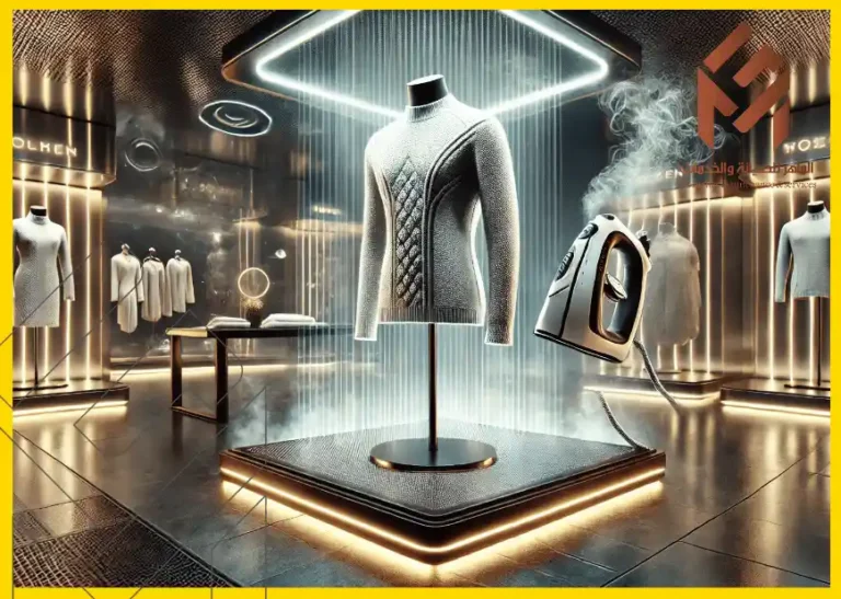 كيفية إزالة شعر الكلاب والقطط من الملابس والأثاث النسيجي 5 سترة صوفية رمادية معروضة على مجسم في بيئة حديثة داخل متجر أزياء، وبجانبها مكواة بخارية مع انبعاث البخار، والدور مضاءة بأناقة.