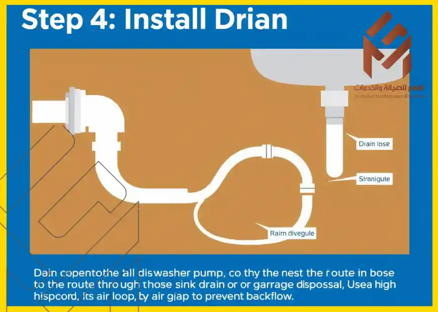 مخطط يظهر توصيلات السباكة لغسالة أطباق، يتضمن أنابيب م labeled بسريناغويت وفقدان الماء وآخر مكتوب عليه "رايم دايفيجول". عنوان المخطط "الخطوة 4: تركيب التصريف". يحتوي المخطط على نص مكتوب بإملاء خاطئ وتعليمات مختصرة بالإنجليزية حول تركيب نظام التصريف.كيفية تثبيت وتوصيل غسالة الصحون الجديدة