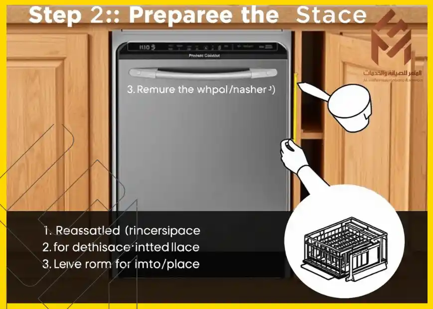 صورة تشرح خطوة تحضير غسالة صحون بأسلوب ساخر مع أخطاء إملائية، تعرض تعليمات مضحكة وغير منطقية ومشابك لعلبة أدوات المطبخ.كيفية تثبيت وتوصيل غسالة الصحون الجديدة