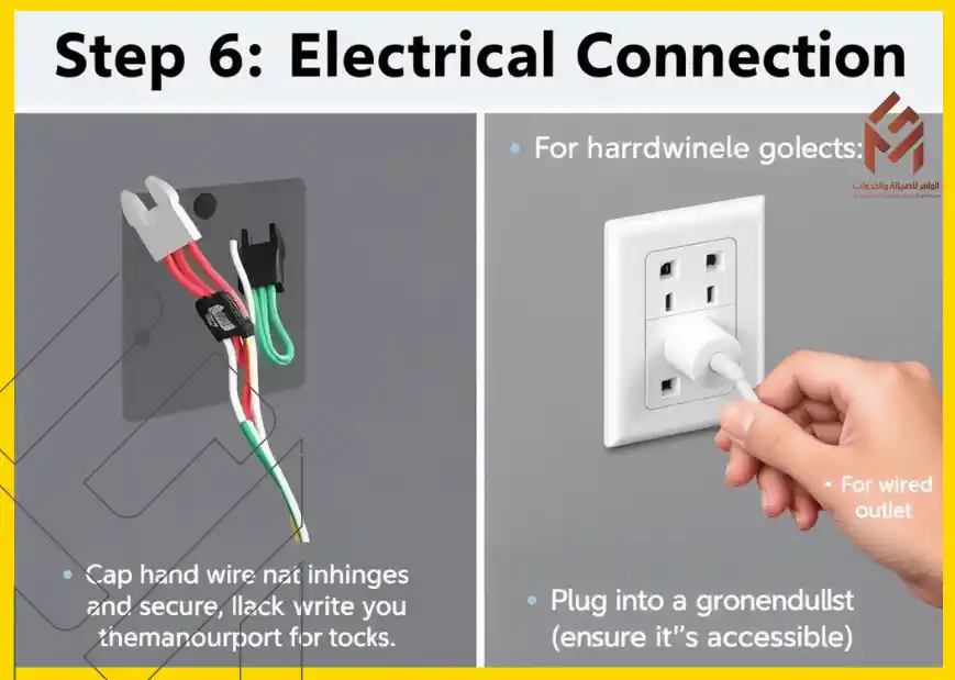 صورة توضح التعليمات الخاصة بالتوصيل الكهربائي بالخطوة السادسة. تحتوي الصورة على جزئين: الأول يظهر مجموعة من الأسلاك الكهربائية مع ألوان مختلفة، والثاني يظهر يد تقوم بتوصيل فيش بالكهرباء في مقبس حائط. توجد نصوص توجيهية بجانب كل جزء، مع شعار الشركة في الزاوية اليمنى العليا.