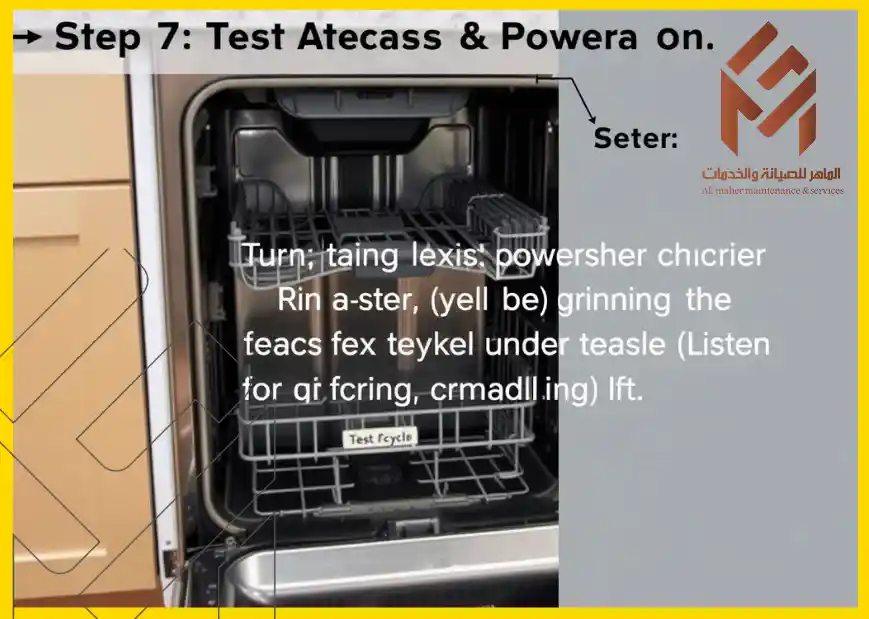 غسالة أطباق مفتوحة مع تعليمات غير واضحة على الصورة وتنص على خطوة 7: اختبر Atecass و Powrera مع تشغيل الغسالة وتعليق آخر غير واضح أعلى الغسالة. الشعار موجود في الزاوية العلوية اليمنى.