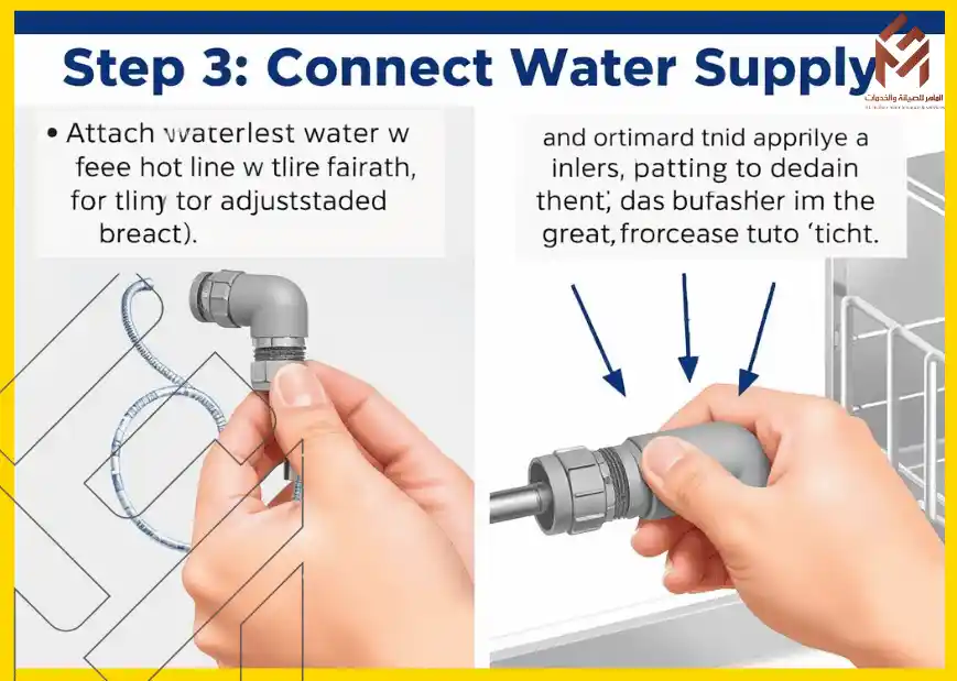 تعليمات توصيل أنابيب إمدادات المياه لجهاز، مع صورة ليد تمسك بأنبوب يتم توصيله، والنصوص بها أخطاء إملائية بالعربية والإنجليزية.كيفية تثبيت وتوصيل غسالة الصحون الجديدة