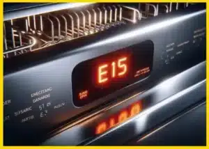 غسالة صحون تعرض كود خطأ E15 على شاشة رقمية مضيئة باللون البرتقالي.