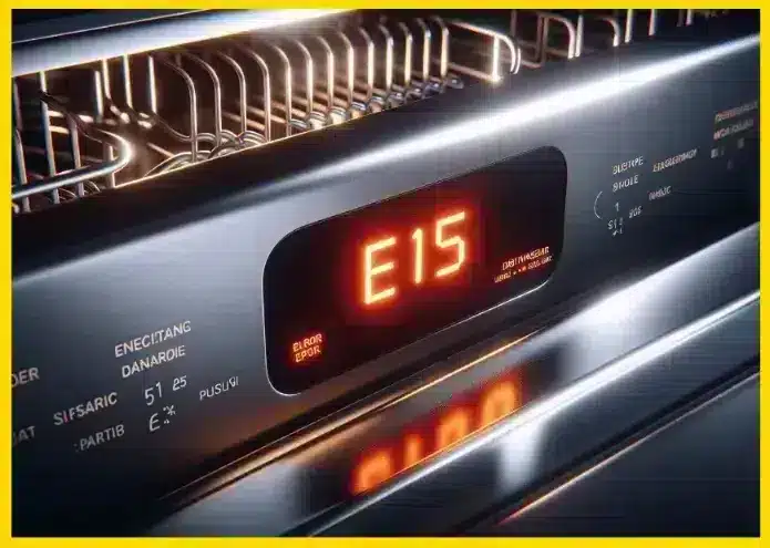 غسالة صحون تعرض كود خطأ E15 على شاشة رقمية مضيئة باللون البرتقالي.