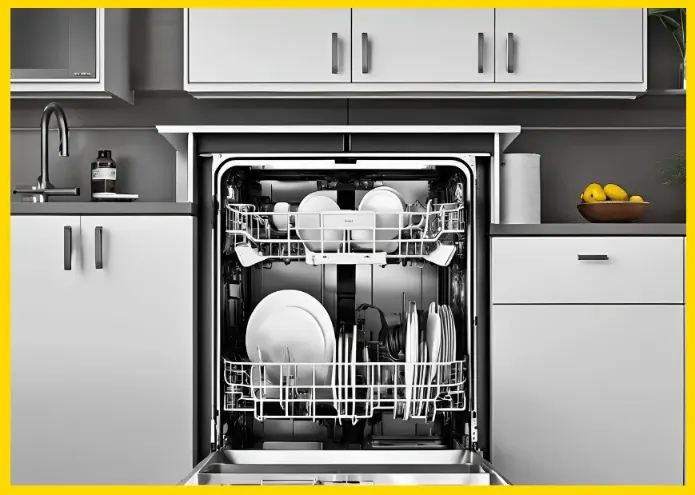 صورة لغسالة صحون مفتوحة تحتوي على أطباق مرتبة على الرفوف العلوية والسفلية 
التسريب في غسالة الصحون هو أحد المشاكل الشائعة 