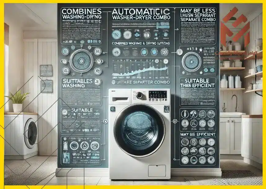 صورة بأسلوب إنفوجرافيك توضح غسالة ملابس اتوماتيك مع مجفف. الصورة تظهر غسالة-مجفف حديثة في غرفة غسيل. توضح الملصقات والرموز أنها تجمع بين وظائف الغسيل والتجفيف في وحدة واحدة، وهي مناسبة للأماكن الصغيرة، وقد تكون أقل كفاءة من الوحدات المنفصلة في بعض الحالات. يوضح لوحة التحكم خيارات دورات مختلفة لأنواع الأقمشة المتنوعة. الخلفية تشمل مستلزمات غسيل منظمة وأجواء نظيفة ومضيئة. نص إضافي يشرح هذه النقاط بالتفصيل.