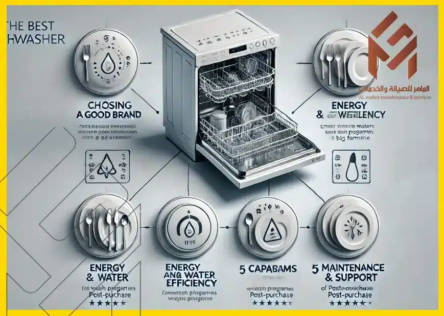 5 نصائح للحفاظ على كفاءة غسالة الصحون  صورة واقعية عالية الجودة توضح خمس نصائح أساسية لاختيار أفضل غسالة أطباق. الصورة واضحة وبسيطة، مع تمثيل كل طرف بشكل مرئي. تتضمن النصائح ما يلي: 1. اختيار علامة تجارية جيدة: أظهر شعار علامة تجارية معروفة وذات سمعة طيبة لغسالة الأطباق. 2. كفاءة الطاقة والمياه: قم بعرض أيقونات أو ملصقات توفير الطاقة والمياه على غسالة الأطباق. 3. السعة: رسم توضيحي لغسالة الأطباق بأطباق وأدوات متنوعة، مما يدل على سعة كبيرة للعائلات الكبيرة. 4. البرامج والميزات: قم بتمييز الأزرار أو الشاشات الموجودة على غسالة الأطباق للإشارة إلى برامج الغسيل المختلفة والميزات الخاصة مثل الغسيل بدرجة حرارة عالية. 5. الصيانة والدعم: أظهر رمز دعم الفني أو العملاء، للإشارة إلى توفر دعم ما بعد الشراء. يجب أن تكون الخلفية بسيطة ولا تشتت الانتباه عن العناصر الرئيسية.