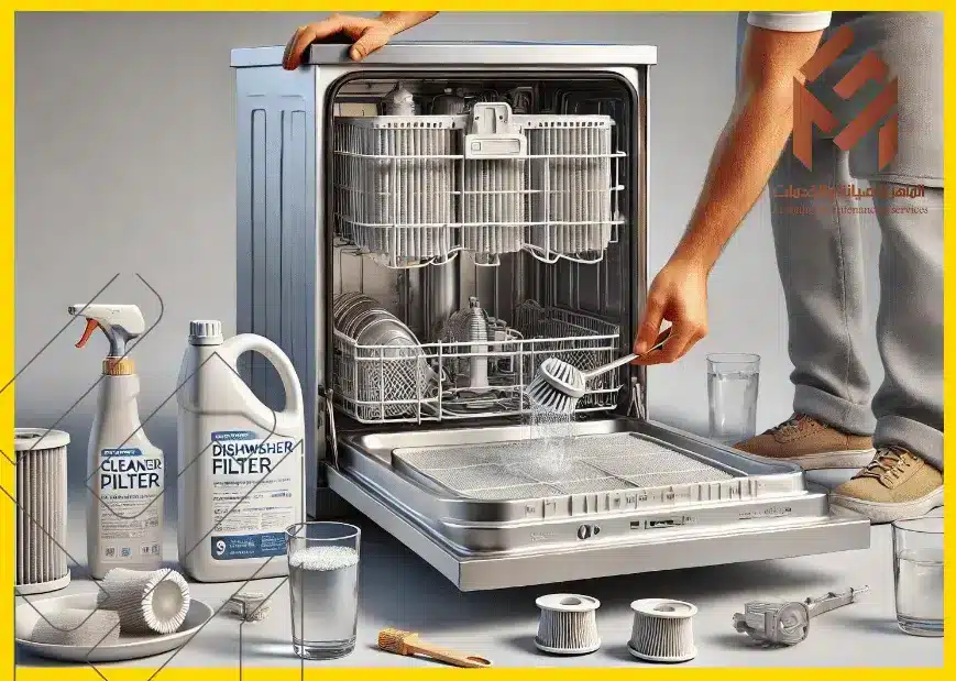  صورة واقعية عالية الجودة توضح عملية تنظيف فلتر غسالة الأطباق. ويجب أن تكون الصورة واضحة وبسيطة، مع تمثيل الخطوات التالية بصرياً: 1. فصل غسالة الأطباق عن الكهرباء والماء حفاظاً على السلامة. 2. فتح الجزء السفلي من غسالة الأطباق حيث يوجد الفلتر. 3. قم بإزالة الفلتر باليد. 4. تنظيف الفلتر بالماء الدافئ والصابون، باستخدام فرشاة ناعمة لإزالة الشوائب والأوساخ. 5. قم بشطف الفلتر وتجفيفه جيدًا قبل إعادته إلى غسالة الأطباق. بالإضافة إلى ذلك، قم بتضمين صورة فني أو مهندس حقيقي في الخلفية، للمساعدة في العملية. يجب أن تكون الخلفية بسيطة ولا تشتت الانتباه عن العناصر الرئيسية.