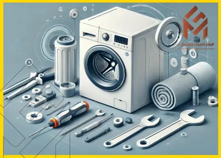 رموز الخطأ لغسالات ومجففات اريستون صورة تظهر غسالة مع أدوات صيانة مثل مفك البراغي والمفتاح الإنجليزي