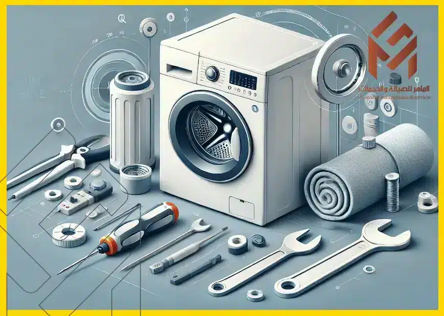 رموز الخطأ لغسالات ومجففات اريستون صورة تظهر غسالة مع أدوات صيانة مثل مفك البراغي والمفتاح الإنجليزي