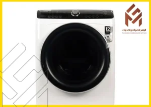 غسالة أمامية باللون الأبيض والأسود مع لوحة تحكم في الأعلى، شعار "الماهر للصيانة والخدمات" في الزاوية. صيانة غسالة دايو 13 كيلو