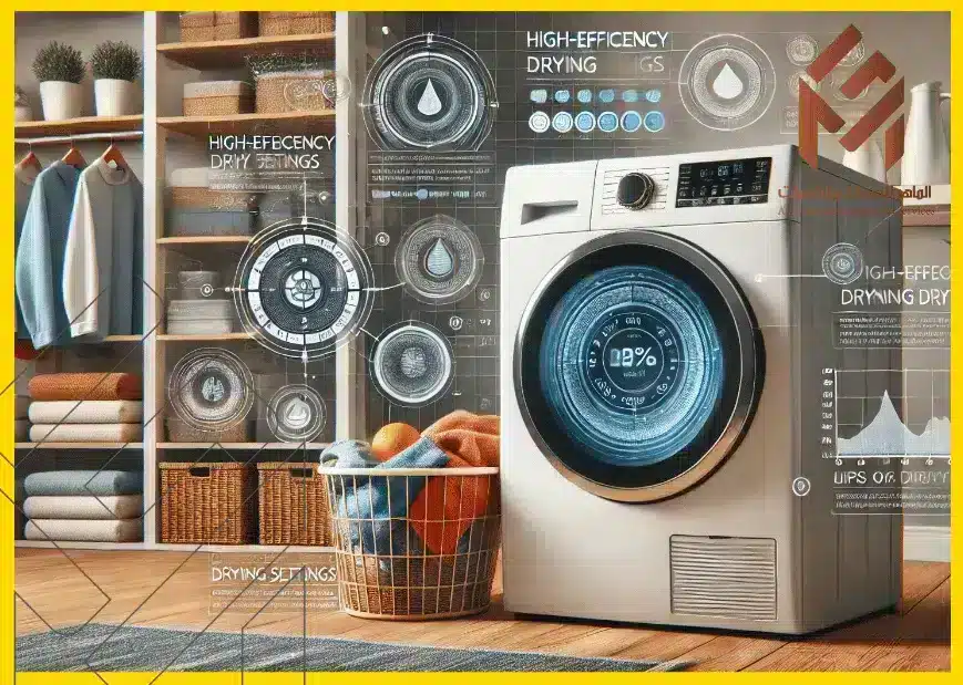 غرفة غسيل حديثة مع مجفف عالي الكفاءة في المركز. المجفف فيه لوحة تحكم تعرض إعدادات تجفيف مختلفة. بجانب المجفف، فيه سلة مليانة ملابس متنوعة، تدل على أنواع مختلفة من الأقمشة. هناك معلومات مرئية أو نصوص توضح إعدادات التجفيف المختلفة ونصائح لاستخدام المجفف بشكل صحيح. الخلفية فيها رفوف منظمة بشكل جميل تحتوي على مستلزمات الغسيل.