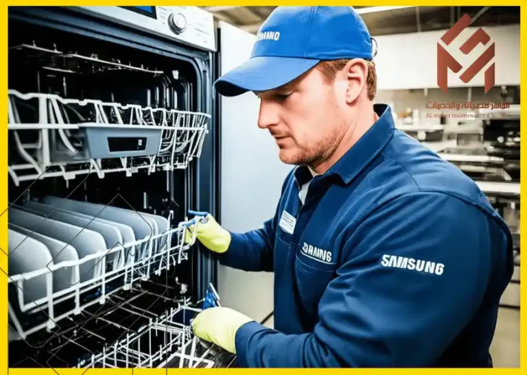 فني يرتدي زي سامسونج يقوم بفحص غسالة صحون، مع شعار "الماهر للصيانة والخدمات" في الأعلى.