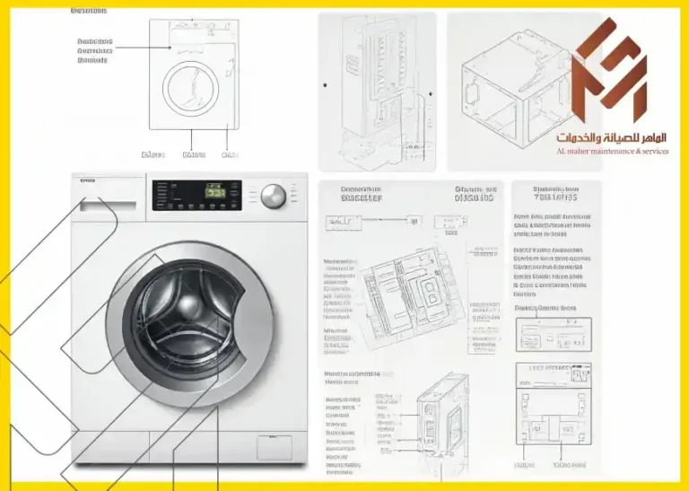 صورة توضيحية لرموز وأجزاء غسالة صحون إل جي مع تفاصيل حول تصميم الغسالة وبعض التعليمات الفنية.