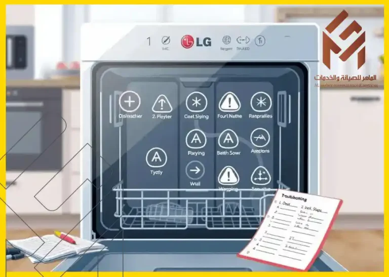 غسالة صحون إل جي تعرض رموزاً توضيحية لبرامج الغسيل مع قائمة ملاحظات للإصلاح في بيئة مطبخ.