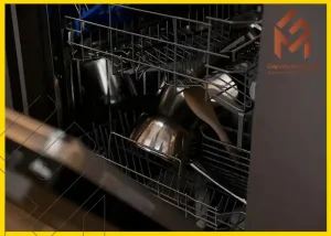 غسالة صحون تحتوي على العديد من الأواني المختلفة مما يدل على الاستخدام اليومي. الغسالة مفتوحة تعرض رفوف مليئة بالأوعية والملاعق، في سياق تصحيح الأخطاء الشائعة في غسالات الصحون.