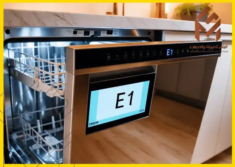 غسالة صحون مفتوحة تظهر عليها رسالة خطأ برمز E1 على الشاشة الرقمية.