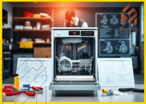 غسالة صحون ال جي مفتوحة مع أدوات إصلاح وأدلة تعليمية في الخلفية، تُستخدم لإصلاح الأعطال الشائعة.