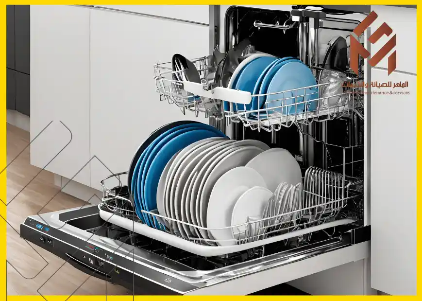 غسالة صحون مفتوحة تحتوي على أطباق متعددة الألوان مرتبة بعناية.تنظيف غسالة الأطباق