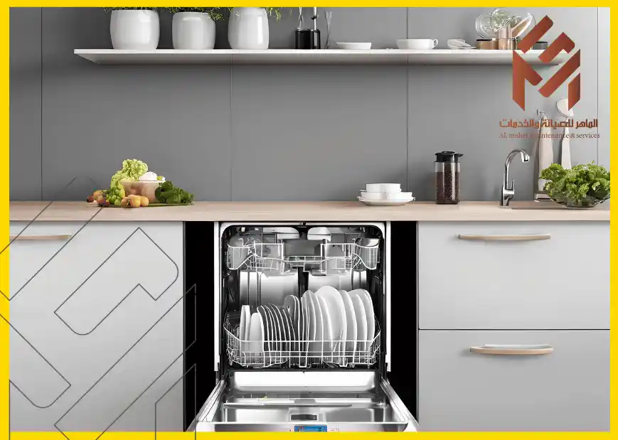 غسالة الصحون ميديا 2024 مفتوحة في مطبخ حديث مع أدوات وأطباق موضوعة داخلها.