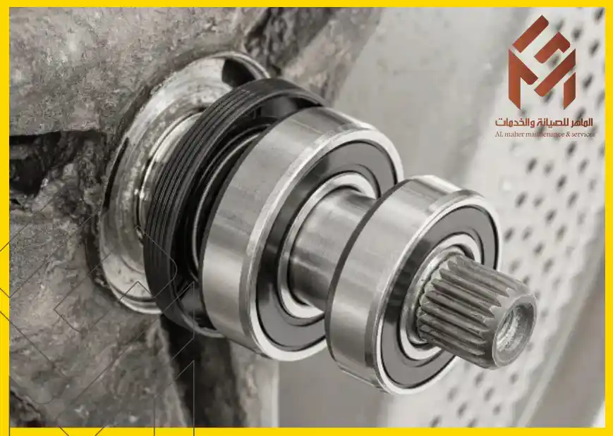 محمل معدني متصل بمحور ميكانيكي، مع شعار "الماهر للصيانة والخدمات" في الزاوية اليمنى العليا. الغسالة تقفز أثناء الدوران.