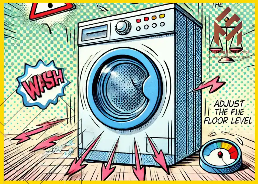 غسالة أوتوماتيكية بتصميم فن البوب، محاطة بكلمات وأيقونات ملونة، تشير إلى "غسيل" وتحذير لضبط مستوى الأرضية. الغسالة تقفز أثناء الدوران.