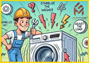 رسم توضيحي لرجل يرتدي قبعة أمان ويبتسم بجانب غسالة LG مع أدوات إصلاح كهربائية ورموز تحذير. تعليمات مكتوبة مثل 'Stabilize the Washer' و 'Adjust the Load' بجانب الغسالة. يظهر أيضاً أيقونات زاهية الطاقة والتركيز على آلات منزلية.
