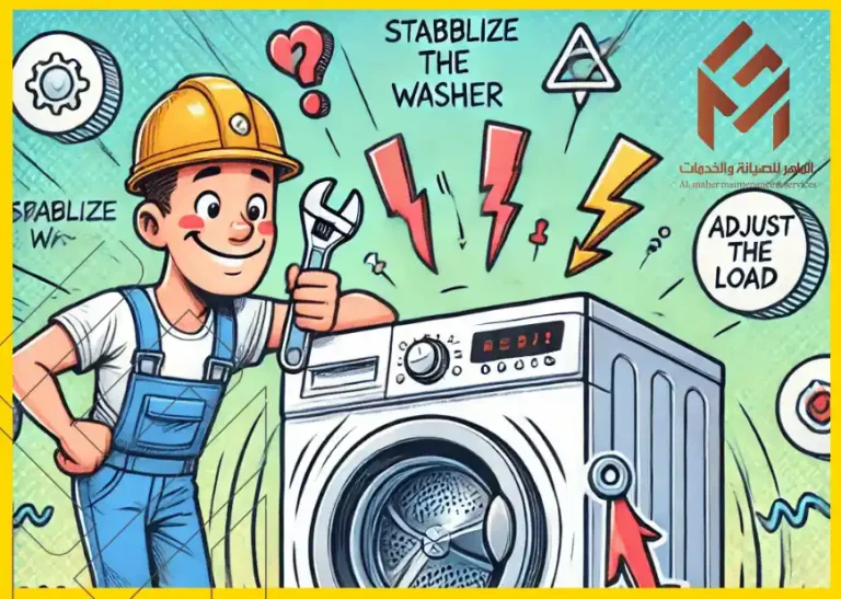 رسم توضيحي لرجل يرتدي قبعة أمان ويبتسم بجانب غسالة LG مع أدوات إصلاح كهربائية ورموز تحذير. تعليمات مكتوبة مثل 'Stabilize the Washer' و 'Adjust the Load' بجانب الغسالة. يظهر أيضاً أيقونات زاهية الطاقة والتركيز على آلات منزلية.