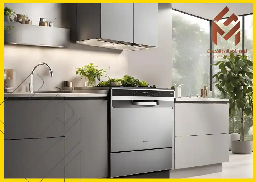 مطبخ حديث مع فرن غاز وخزائن رمادية اللون، ونبات أخضر في إناء بجوار النافذة.