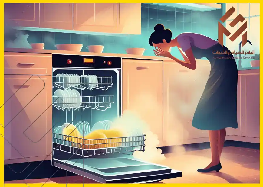 امرأة تقف أمام غسالة أطباق مفتوحة ينبعث منها رائحة بخار عفن من داخل غسالة صحون مفتوحة في مطبخ مع وجود بخار من رائحة غسالة الصحون في مطبخ.