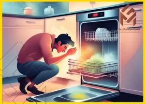 شاب ينظر داخل غسالة صحون مفتوحة في مطبخ مع وجود بخار من رائحة غسالة الصحون