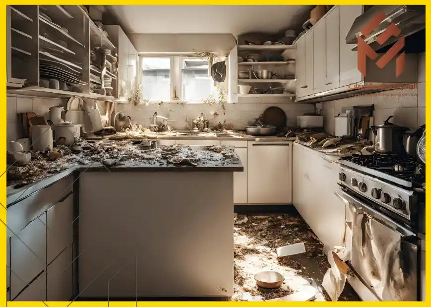 حلول مشاكل غسالة الصحون في الاصورة مطبخ شديد الفوضى مع الأواني والأطباق متناثرة على الأسطح والأرض.أسباب مشاكل غسالة الصحون