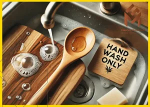 ملعقة خشبية ولوح تقطيع في حوض غسيل، مع لافتة مكتوب عليها "للغسيل اليدوي فقط". 18 شيئًا يجب ألا تضعها أبدًا في غسالة الأطباق