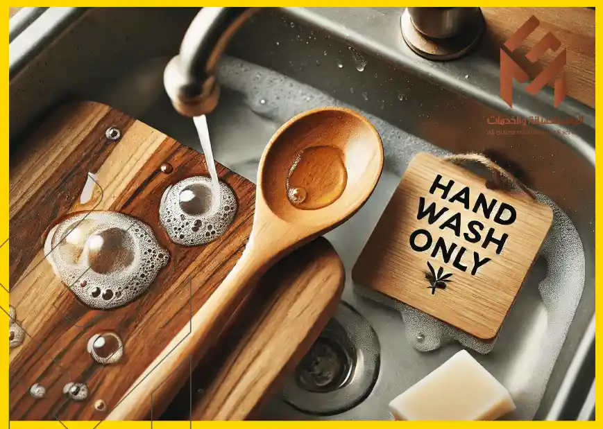 ملعقة خشبية ولوح تقطيع في حوض غسيل، مع لافتة مكتوب عليها "للغسيل اليدوي فقط". 18 شيئًا يجب ألا تضعها أبدًا في غسالة الأطباق