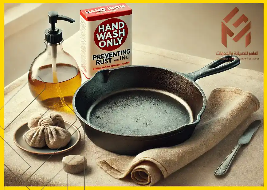 مقلاة مصنوعة من الزهر مع لافتة "يغسل باليد فقط" وزجاجة سائل صابون ومكونات تنظيف على منشفة بجانب نافذة. 18 شيئًا يجب ألا تضعها أبدًا في غسالة الأطباق