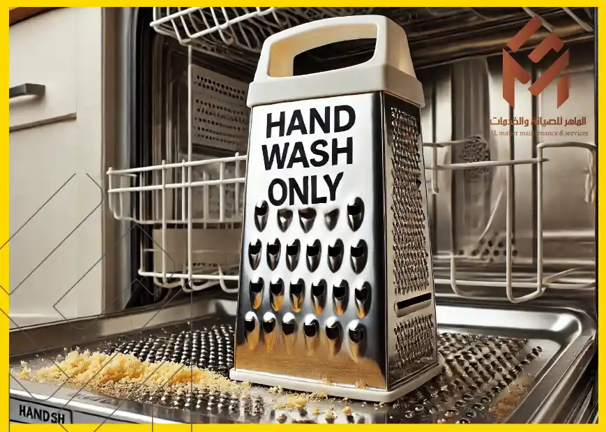 قطاعة معدنية مبشرة في غسالة صحون مكتوب عليها "HAND WASH ONLY". 18 شيئًا يجب ألا تضعها أبدًا في غسالة الأطباق
