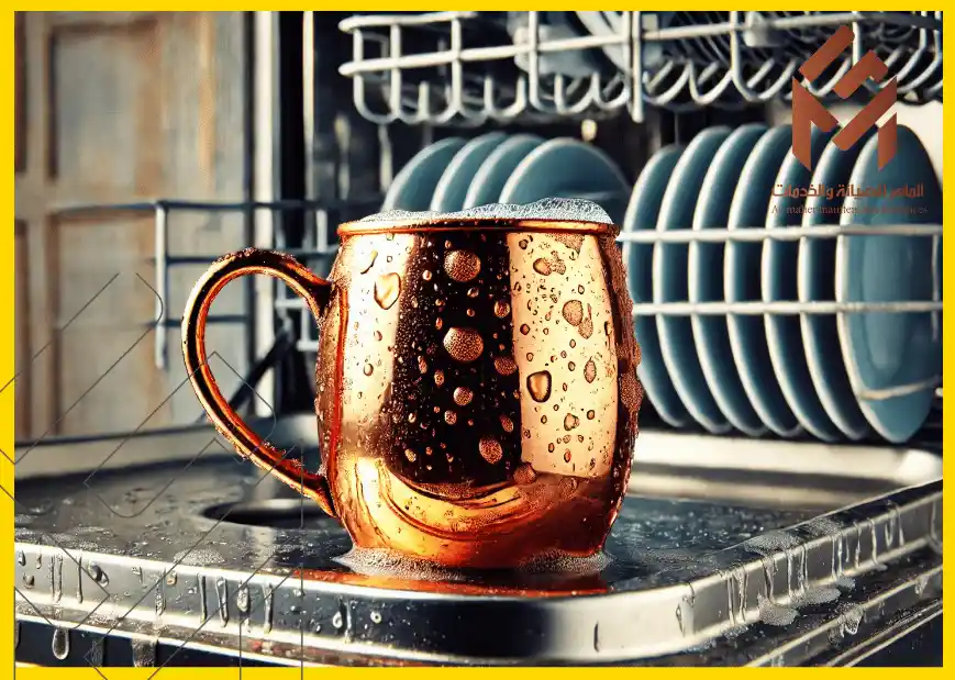كوب نحاسي مغطى برذاذ الماء داخل غسالة صحون مع مجموعة من الصحون في الخلفية. 18 شيئًا يجب ألا تضعها أبدًا في غسالة الأطباق