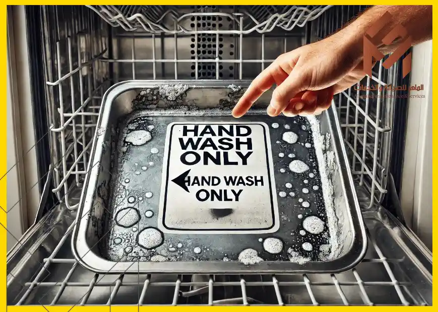صينية معدنية من الالمينيوم داخل غسالة صحون عليها ملصق مكتوب "غسل يدوي فقط"، وآثار الصابون واضحة على الصينية. 18 شيئًا يجب ألا تضعها أبدًا في غسالة الأطباق