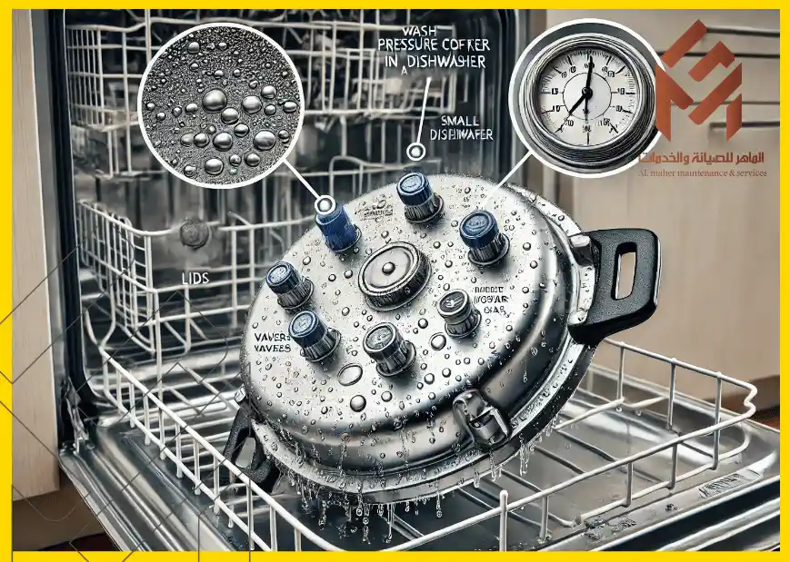 غسالة صحون تحتوي على قدر ضغط مع رسومات توضيحية لغطائها وصماماتها ومقياس الضغط، مع إعلانات كتابية لمؤسسة الصيانة. 18 شيئًا يجب ألا تضعها أبدًا في غسالة الأطباق
