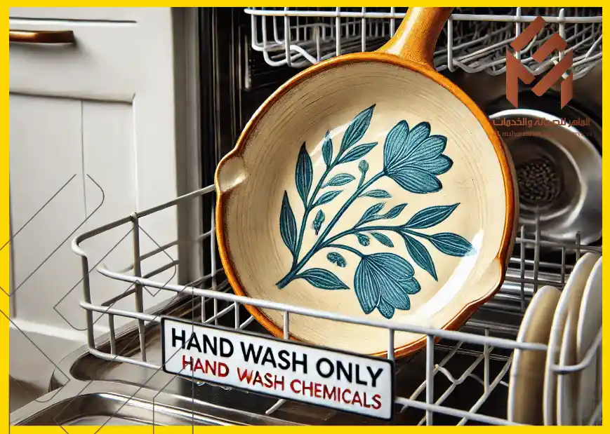طبق خزفي مزخرف في غسالة أطباق مع لافتة تشير إلى "يغسل باليد فقط". 18 شيئًا يجب ألا تضعها أبدًا في غسالة الأطباق