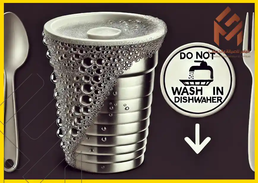 كوب معدني عليه فقاعات وصورة تحذيرية مكتوب عليها "لا يُغسل في غسالة الصحون" بجانبها ملعقة وشوكة. 18 شيئًا يجب ألا تضعها أبدًا في غسالة الأطباق